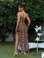 Flower Ruffle Leopard Printed Midi Dress