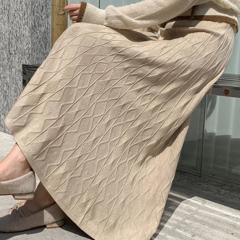 Knitted Drooping Long Aline High Waisted Slim Woolen Skirt