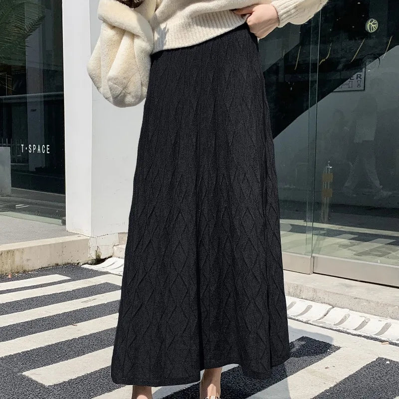 Knitted Drooping Long Aline High Waisted Slim Woolen Skirt