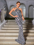 Backless Sequin Crystal Maxi Dress In Black