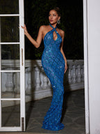 Backless Sequin Crystal Maxi Dress In Blue