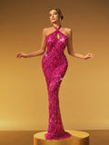 Backless Sequin Crystal Maxi Dress In Hot Pink