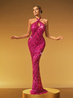 Backless Sequin Crystal Maxi Dress In Hot Pink