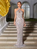 Backless Sequin Crystal Maxi Dress In Nude