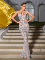 Backless Sequin Crystal Maxi Dress In Nude