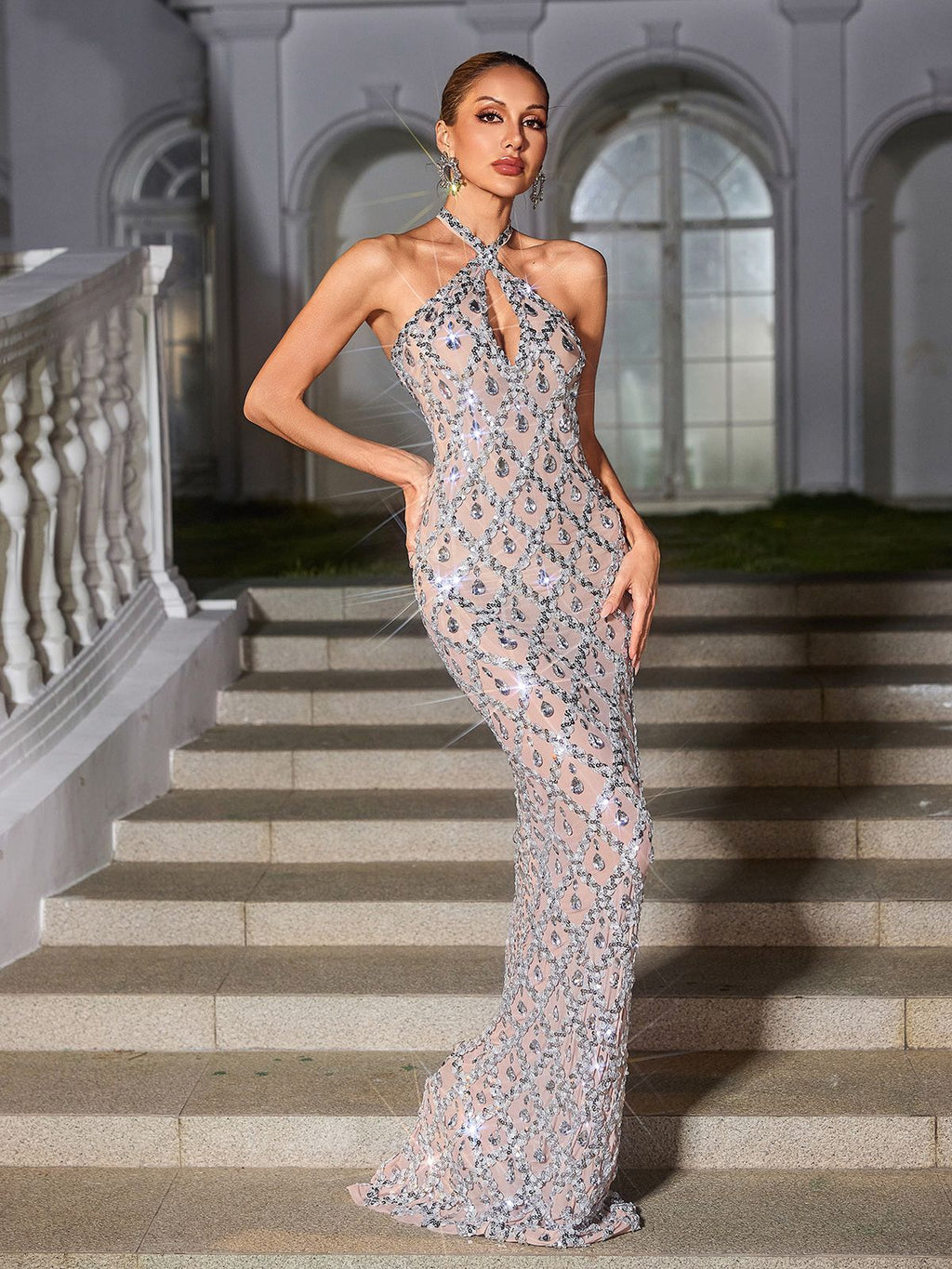 Backless Sequin Crystal Maxi Dress In Nude