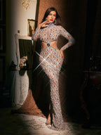 High Neck Embellished Cutout Maxi Dress