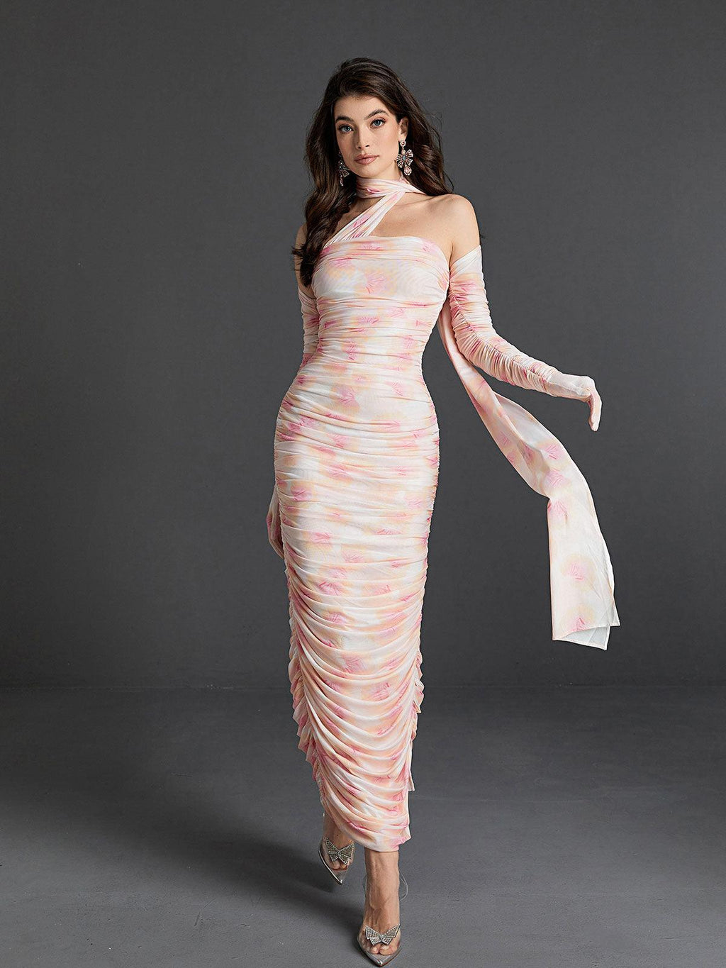 Livana Floral Mesh Maxi Dress With Gloves