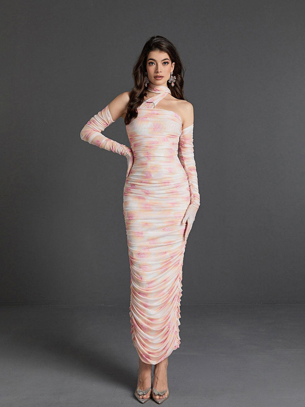 Livana Floral Mesh Maxi Dress With Gloves