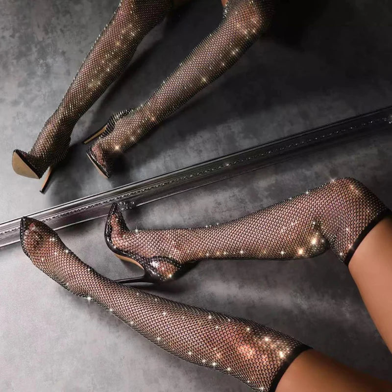 Fashionable  Rhinestone Fishnet Mesh OverTheKnee Pointed Toe High Heel