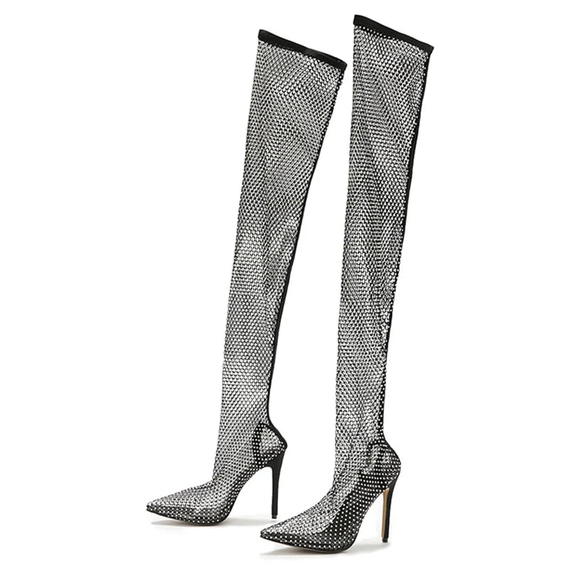 Fashionable  Rhinestone Fishnet Mesh OverTheKnee Pointed Toe High Heel