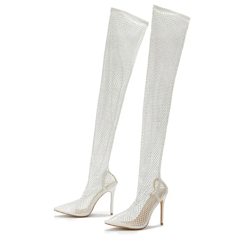 Fashionable  Rhinestone Fishnet Mesh OverTheKnee Pointed Toe High Heel