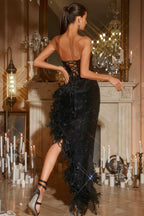 Kael Black Strapless Sequin Feather Maxi Dress