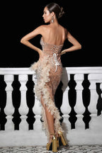 Blaise Gold Strapless Sequin Feather Maxi Dress