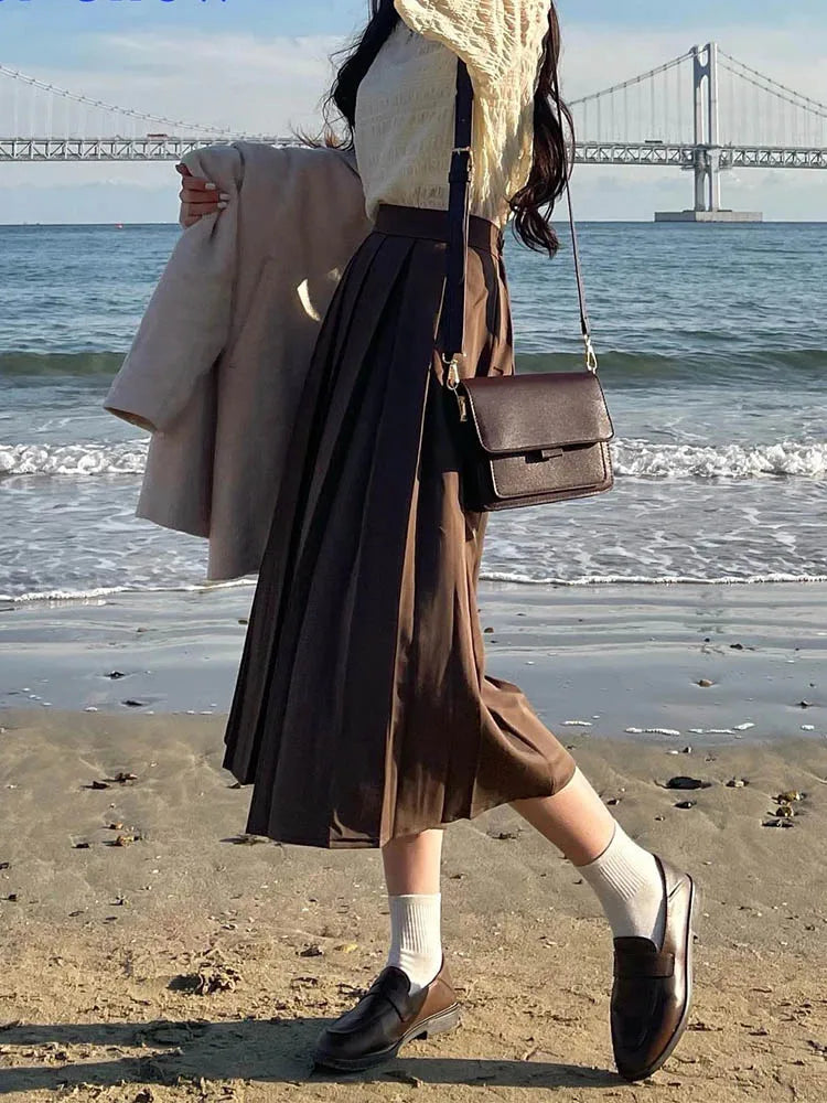 Brown Summer Korean Fashion High Waist Midi Elegant ALine Skirt
