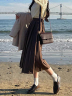 Brown Summer Korean Fashion High Waist Midi Elegant ALine Skirt