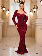 Long Sleeve Sequined Velvet Party Dress