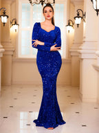 Long Sleeve Sequined Velvet Party Dress