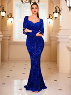 Long Sleeve Sequined Velvet Party Dress