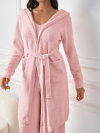 Long Sleeve Pocket Belted Hood Solid Sweater