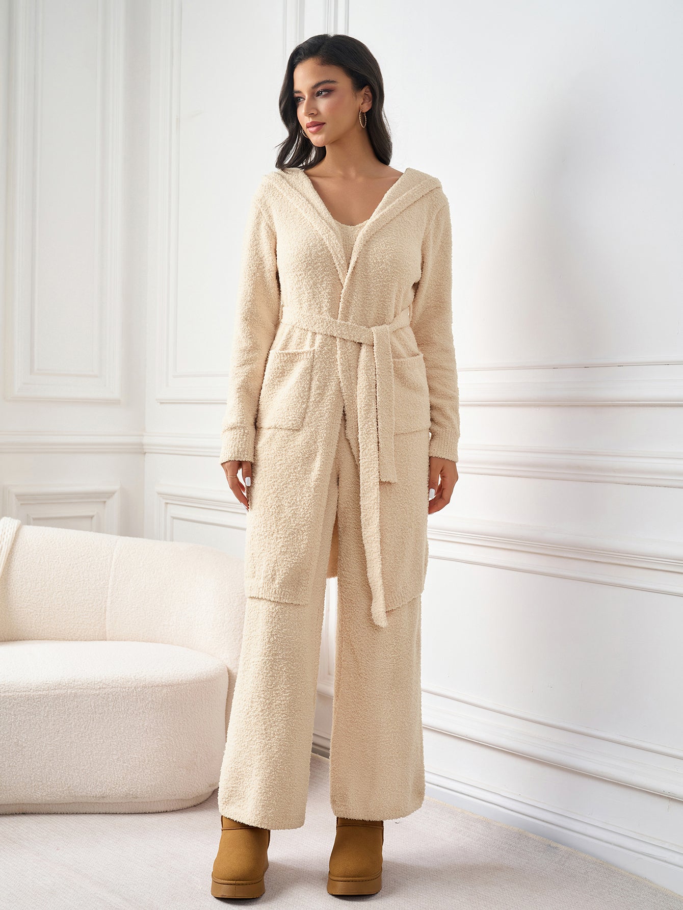 Long Sleeve Pocket Belted Hood Solid Sweater