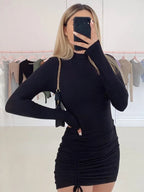 Long Sleeve Ruched Turtleneck Bandage Autumn Black Stretchy Midi Dresses