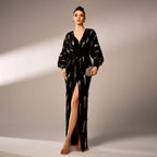 Long Sleeved Elegant V neck Long Sequined Cocktail Evening Dress Bridesmaid