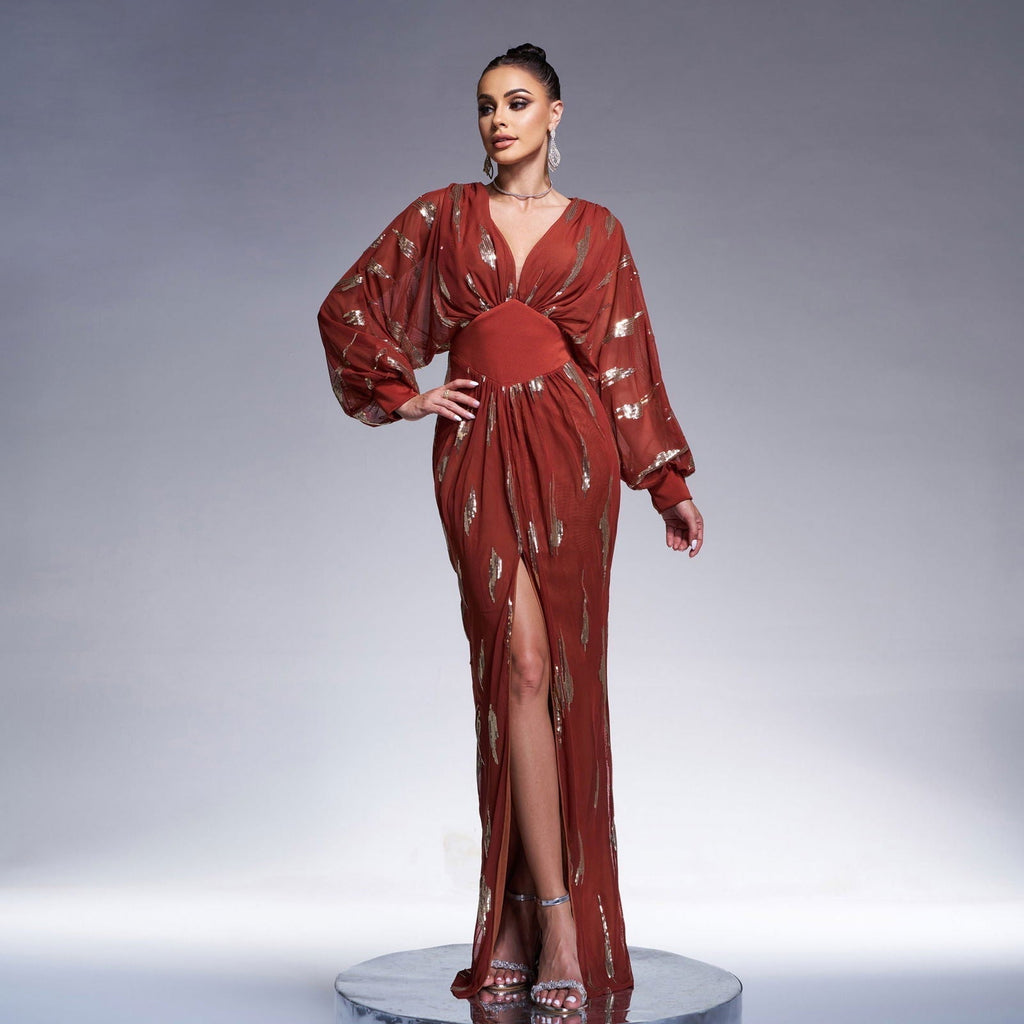 Long Sleeved Elegant V neck Long Sequined Cocktail Evening Dress Bridesmaid
