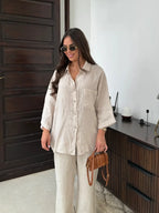 Pink Cotton Linen Loose Wide Office Two Piece Set