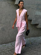 Pink Cotton Linen Loose Wide Office Two Piece Set