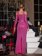 Flower Cutout Sequin Maxi Dress In Hot Pink