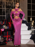 Flower Cutout Sequin Maxi Dress In Hot Pink
