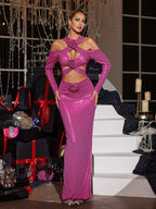 Flower Cutout Sequin Maxi Dress In Hot Pink
