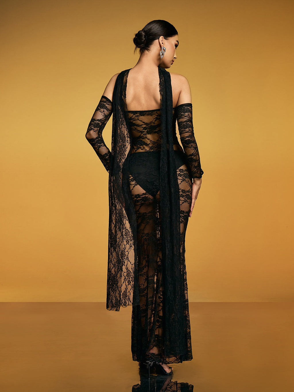 Cutout Split Lace Maxi Dress In Black