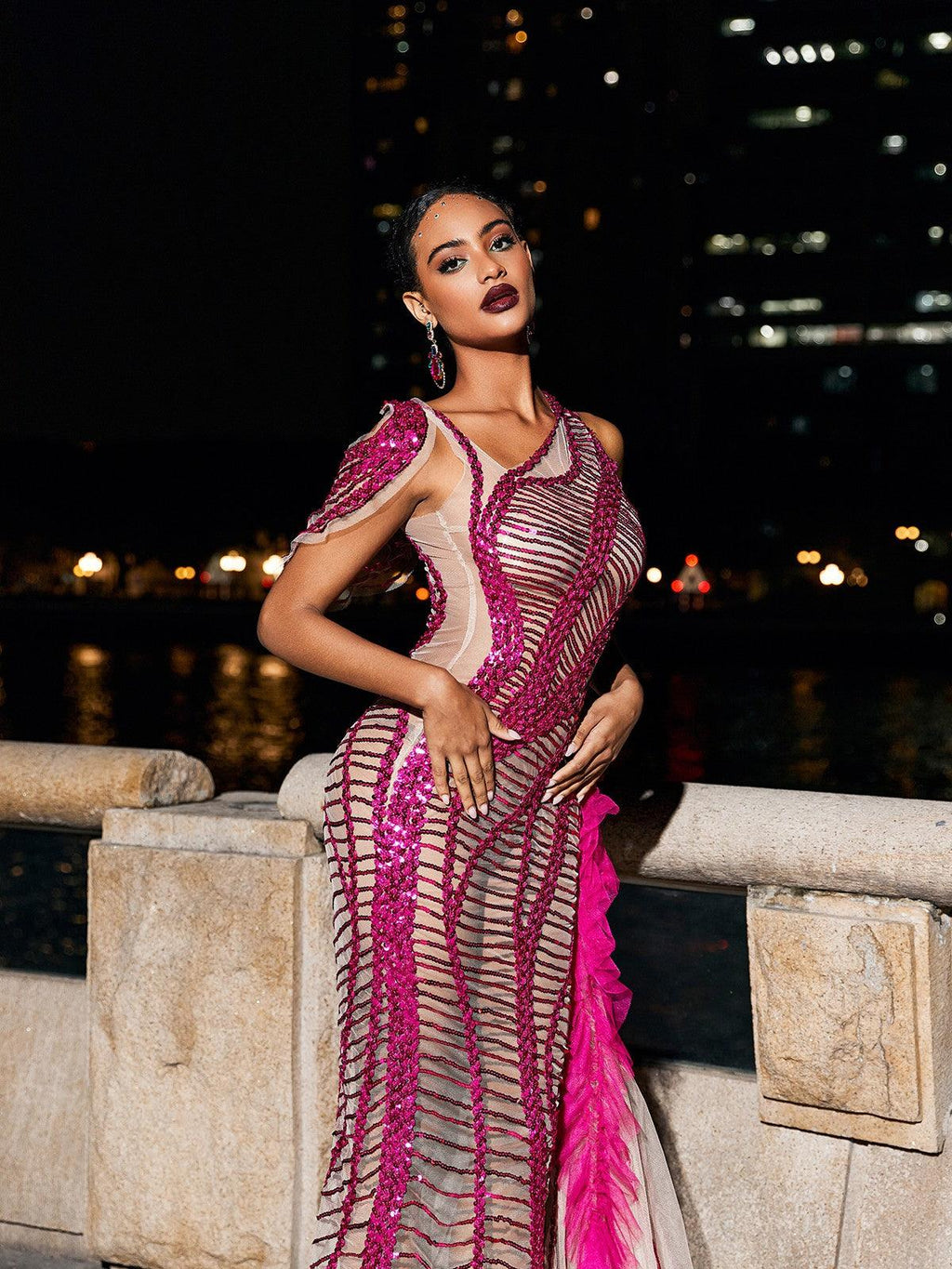 Draped Cutout Sequin Mesh Dress In Hot Pink