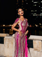 Draped Cutout Sequin Mesh Dress In Hot Pink