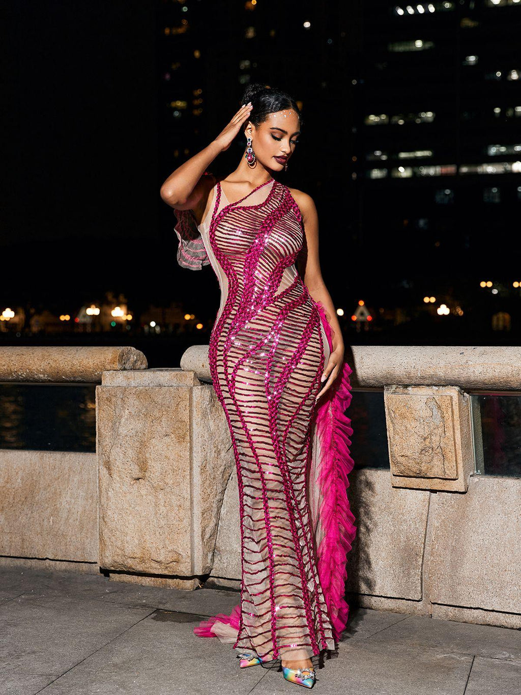 Draped Cutout Sequin Mesh Dress In Hot Pink