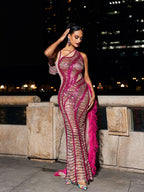 Draped Cutout Sequin Mesh Dress In Hot Pink