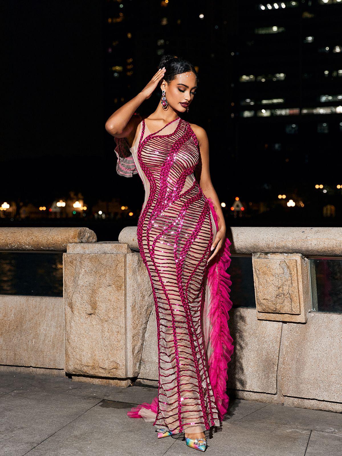 Draped Cutout Sequin Mesh Dress In Hot Pink