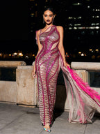 Draped Cutout Sequin Mesh Dress In Hot Pink