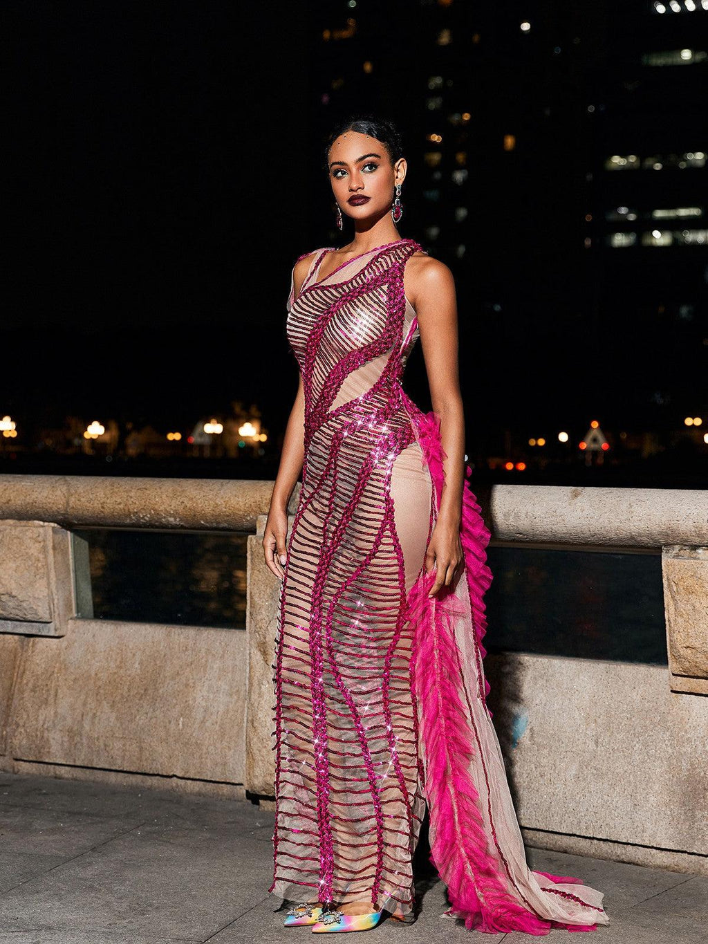Draped Cutout Sequin Mesh Dress In Hot Pink