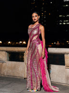 Draped Cutout Sequin Mesh Dress In Hot Pink