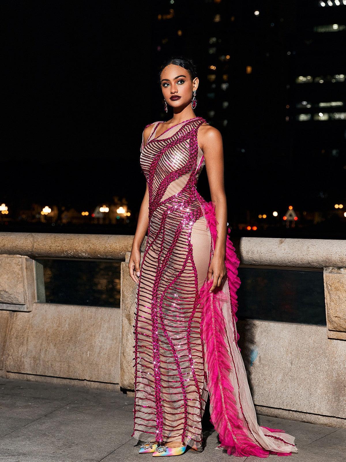 Draped Cutout Sequin Mesh Dress In Hot Pink