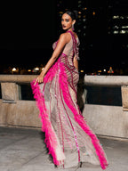Draped Cutout Sequin Mesh Dress In Hot Pink