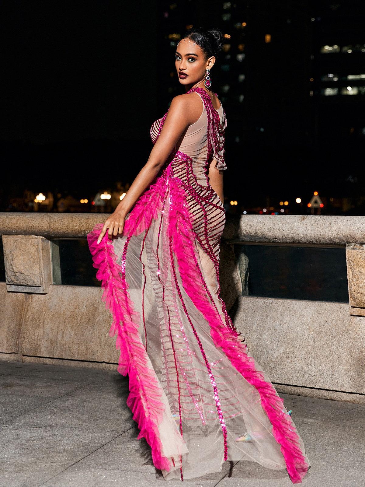 Draped Cutout Sequin Mesh Dress In Hot Pink