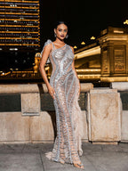 Draped Cutout Sequin Mesh Dress In Silver