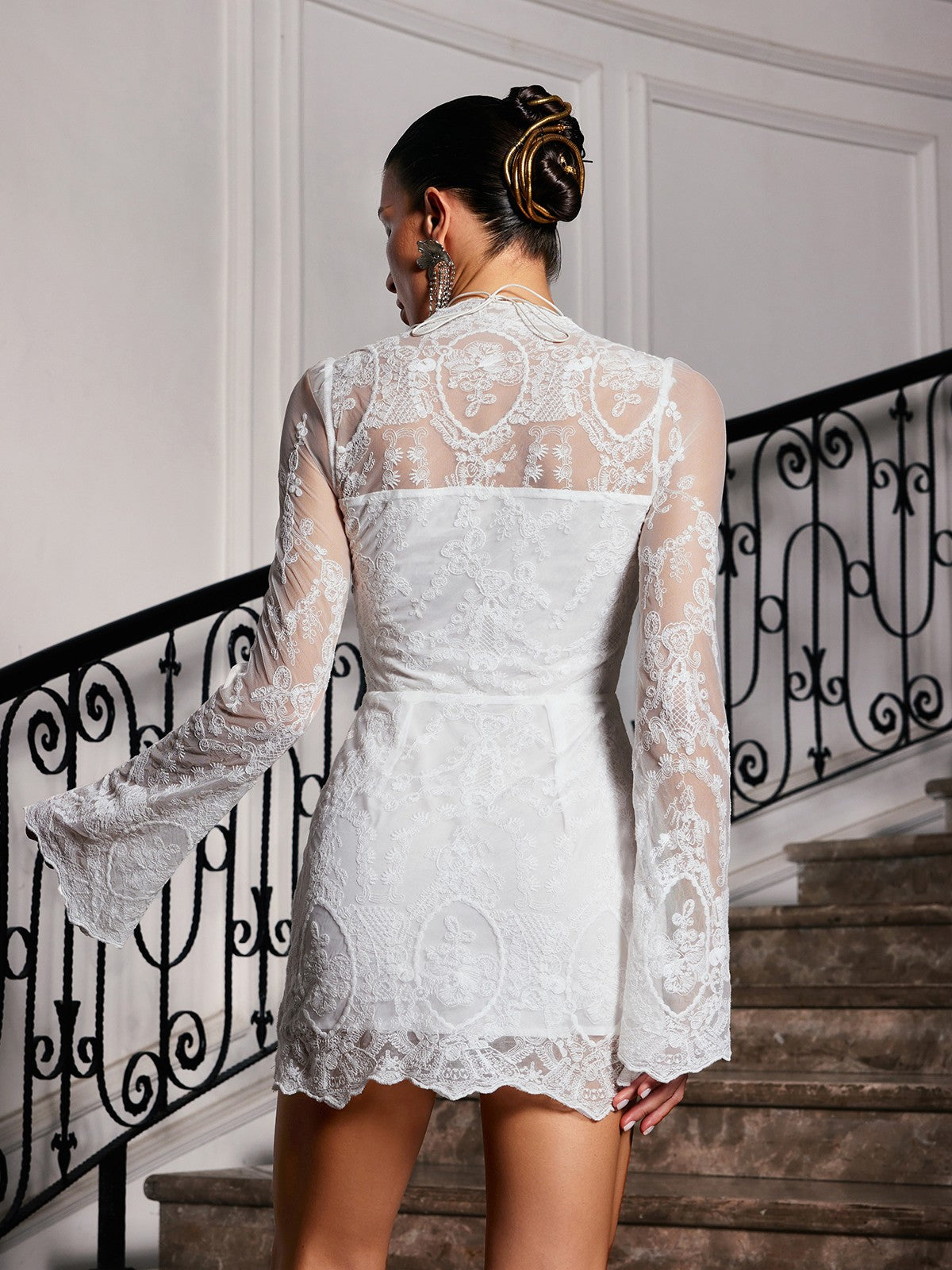Flare Sleeve Lace Mini Dress