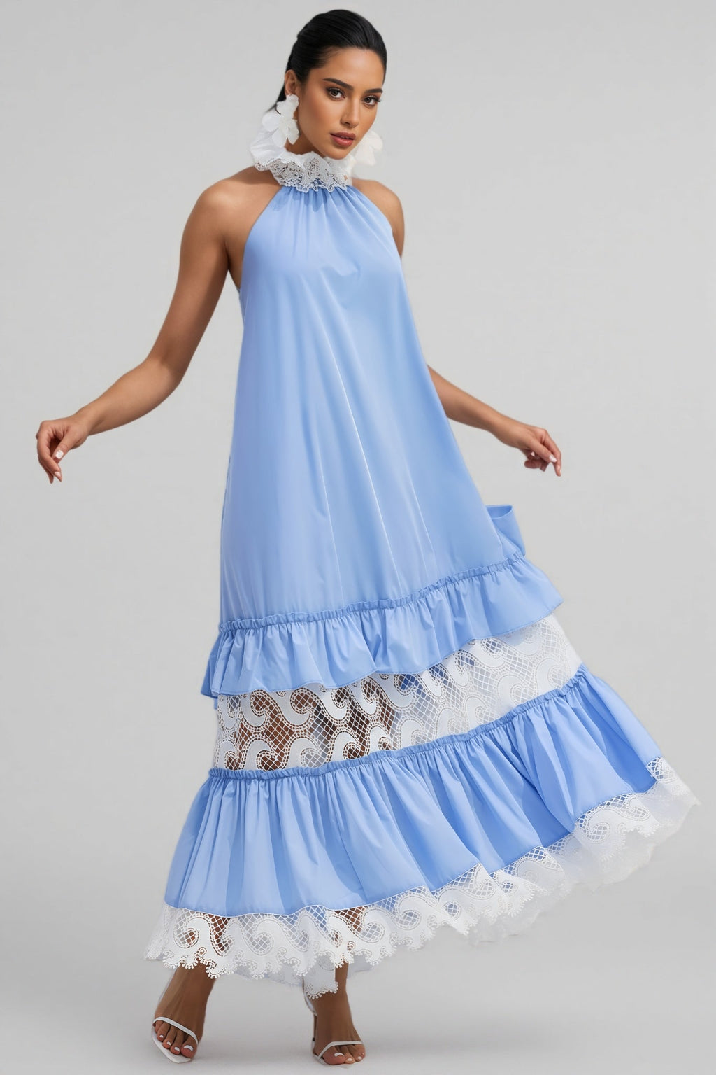Sablert Blue Embroidered Mesh Maxi Dress