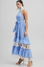 Sablert Blue Embroidered Mesh Maxi Dress