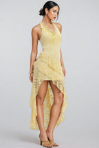 Quillrt Yellow Backless Lace Mesh Midi Dress